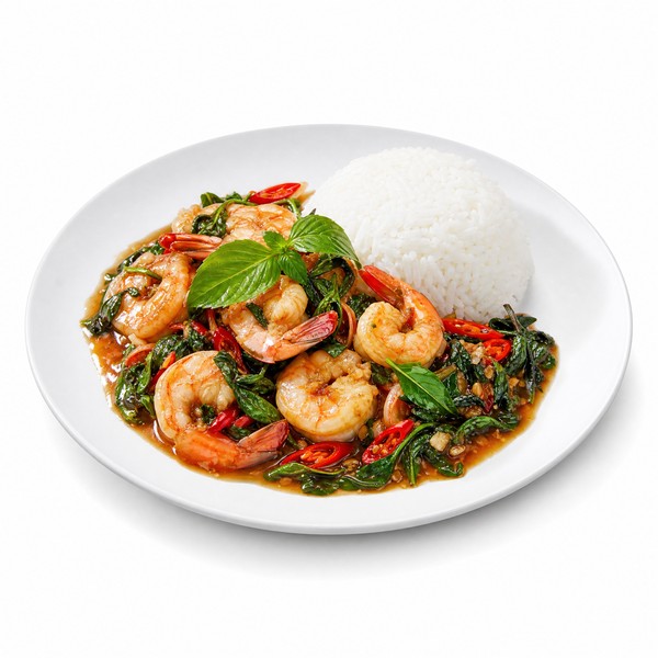 กุ้งผัดใบโหระพา