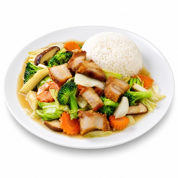 ผัดผักรวมหมูกรอบ