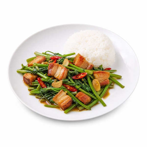 ผักบุ้งไฟแดงหมูกรอบ