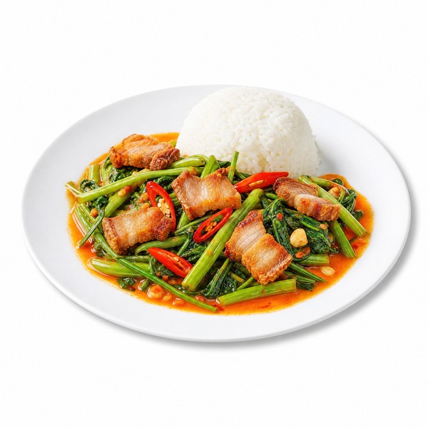 ผักบุ้งพริกแกงหมูกรอบ